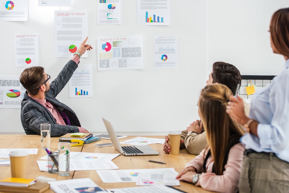 Businessman pointing at a whiteboard with papers during a meeting, what are SMART goals concept. 
