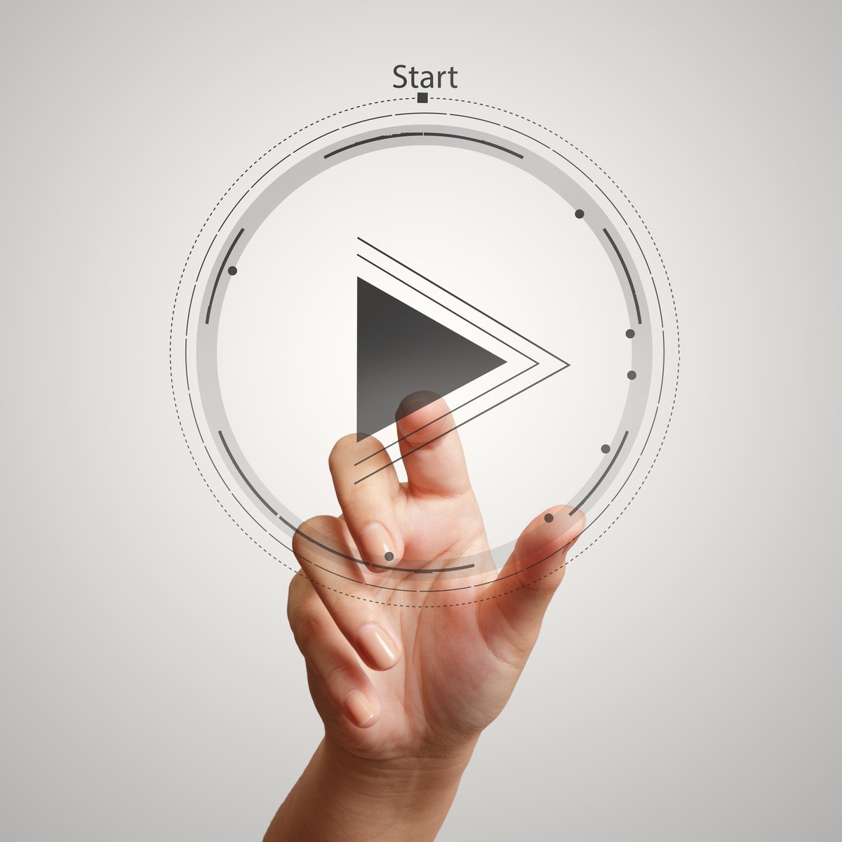 Hand press play button sign to start or initate projetcts as con