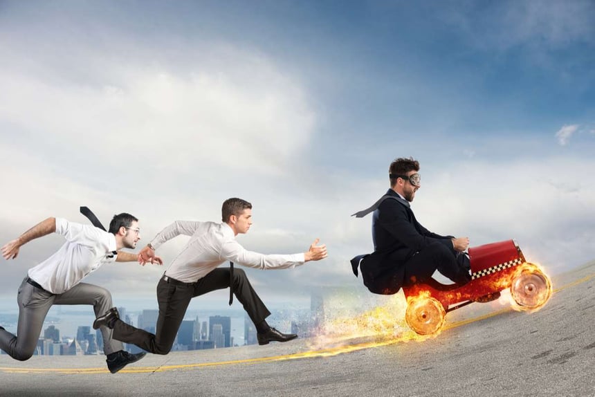 Fast businessman with a car wins against the competitors. Concept of success and competition